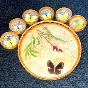 MCM Bohemian rattan bamboo pressed butterfly tray and coasters
